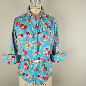 Ariat Kirby Stretch Red Pink Roses Blue Striped Background Button Shirt * S